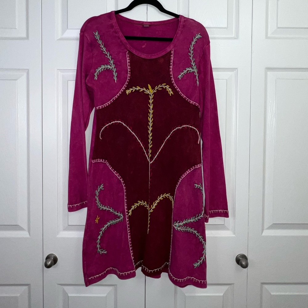 K.P.C. 100% Cotton handmade Boho Dress Large Y2K Pink Burgundy Embroidered Dress